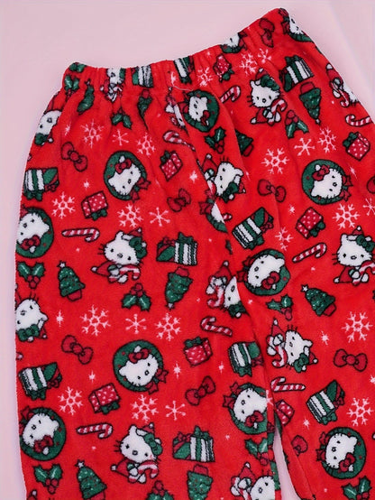 Sanrio KT Cat Pajama Pants for Women - 2pcs Sleepwear Set with Cute KT Cat Face & Full-Length Pants, Cozy Flannel Pajamas for s, - Nightwear ()