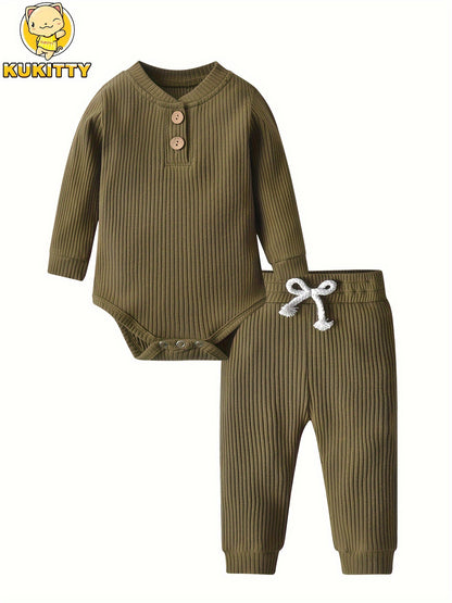 Kukitty Newborn Baby Boys Girls Clothes Unisex Long Sleeve Solid Color Ribbed Bodysuit And Pants Outfits Set, for Outdoor