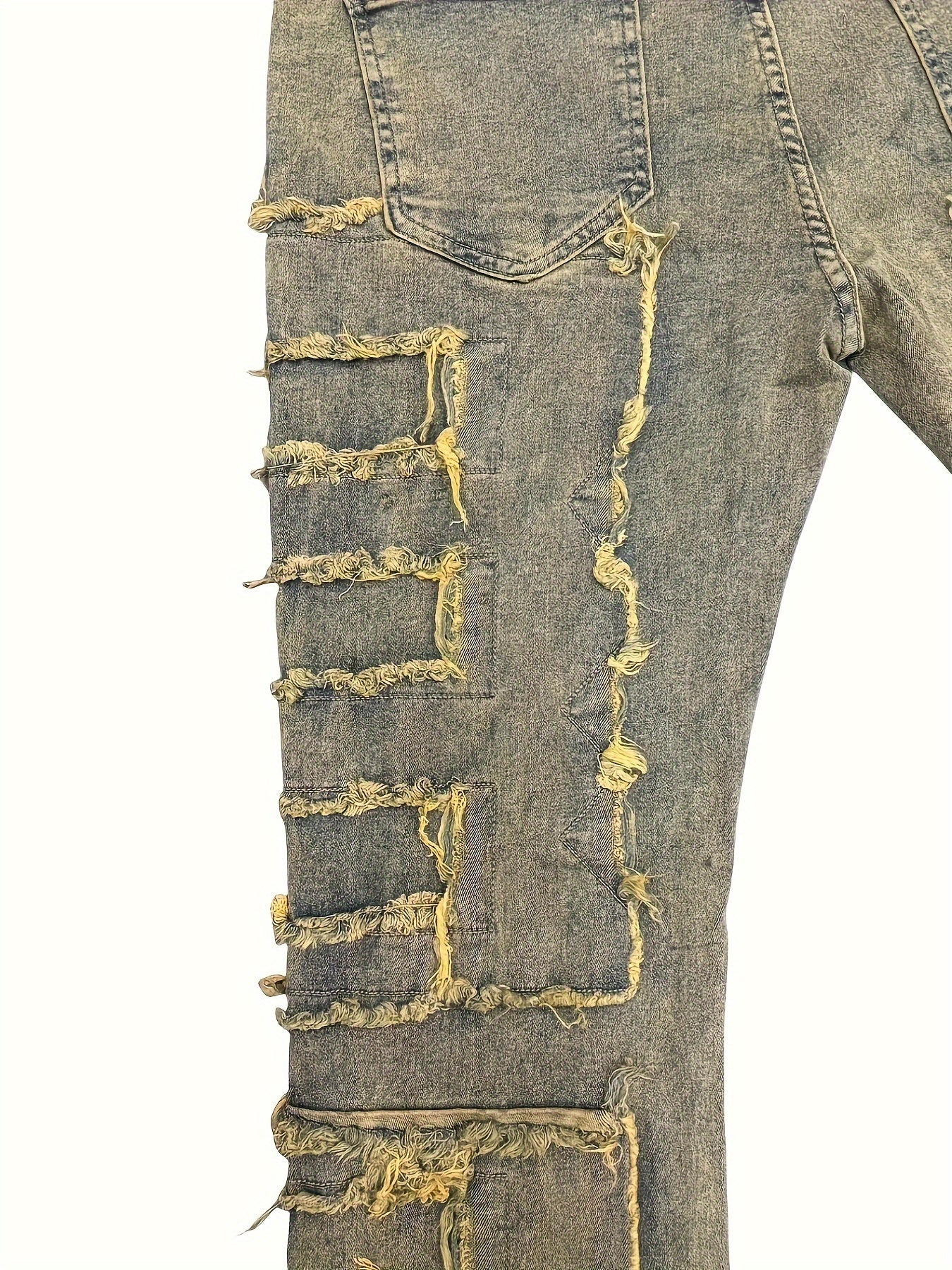 Men's Slim-Fit Stretch Jeans with Fringe Tassel decoration - Hip-Hop Skateboard Style Straight Pants, Washed Denomination for all- Wear (Machine Washable, Urban Streetwear) - Comfortable & Trendy for Skating & Everyday