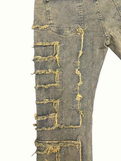 Men's Slim-Fit Stretch Jeans with Fringe Tassel decoration - Hip-Hop Skateboard Style Straight Pants, Washed Denomination for all- Wear (Machine Washable, Urban Streetwear) - Comfortable & Trendy for Skating & Everyday