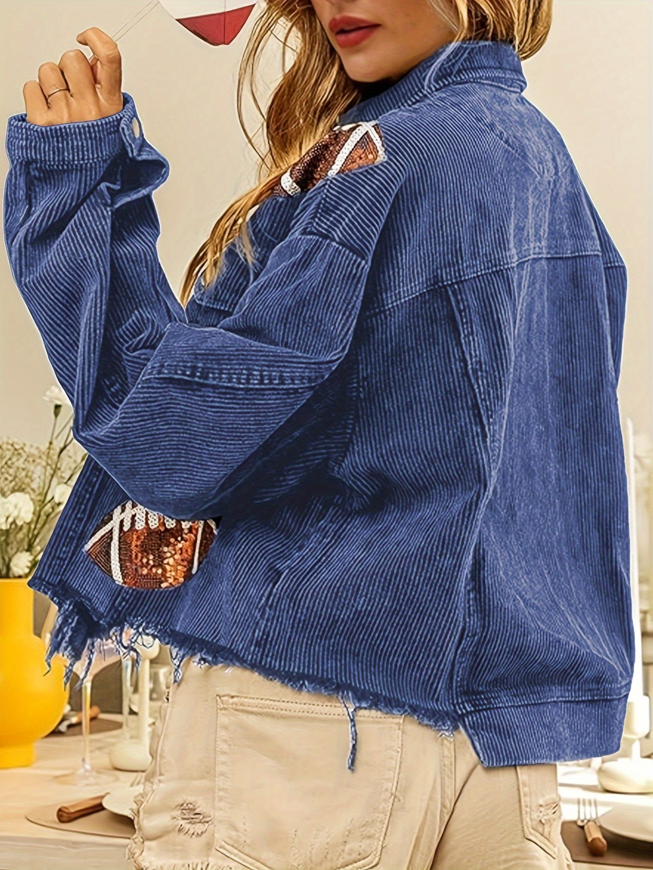 Women's Blue Polyester Printed Oversized Jacket - product view 4