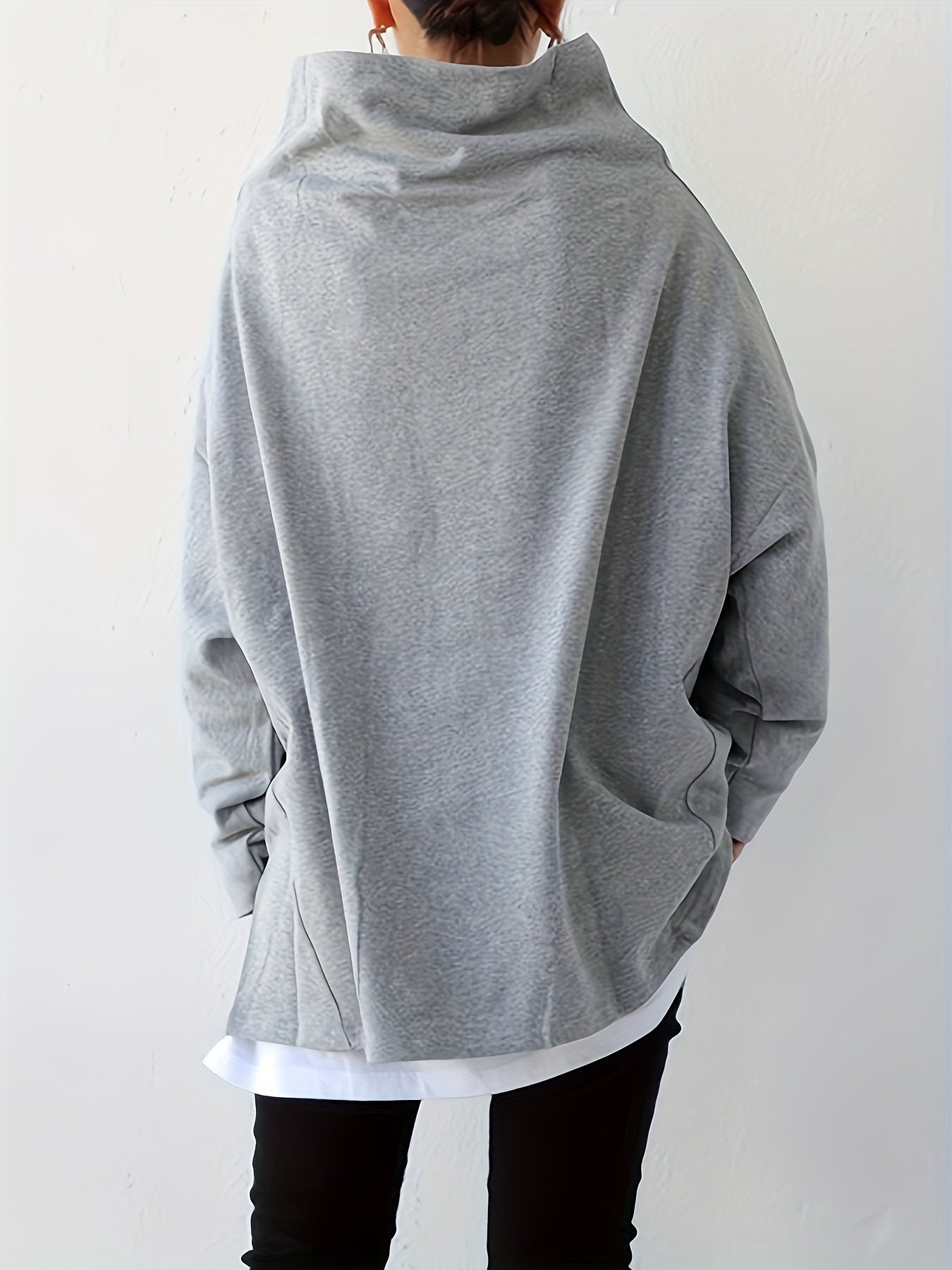 Women's Oversize Simple Tops 2024 New Fashion Casual Solid Color High-Neck Long Sleeve T-Shirt