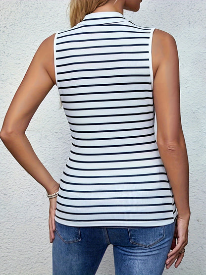 [Casual Striped V-Neck Top] Women's Casual Striped V-Neck Tank Top | Sleeveless, Button-Up Design, Machine Washable, Black & White Stripes, Comfortable Fit, Perfect for Casual Attire