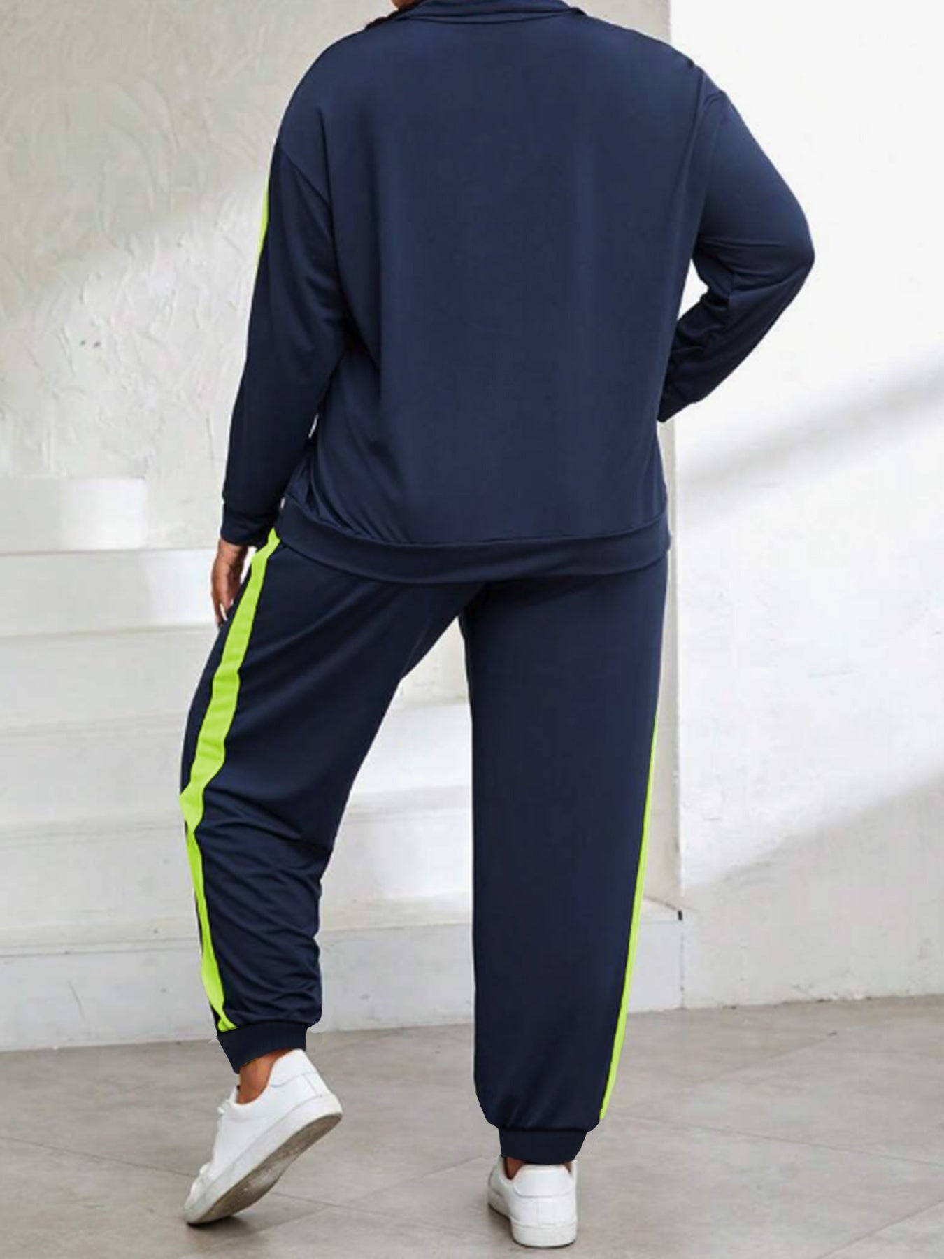 Plus Size, Plus Size Women's Spring And Autumn Contrast Color Casual Suit, Half Zip Pullover Long Sleeve Top And Trousers Two-Piece Set