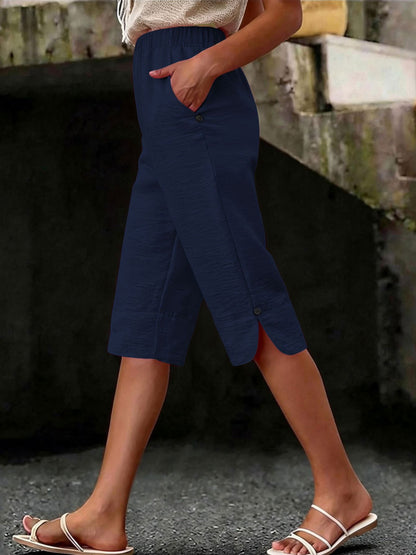 ZOELNIC Women'S Elastic Waist Wide-Leg Capri Pants with Decorative Button Detail - Side Pockets Relaxed Fit Casual Summer Beach Trousers