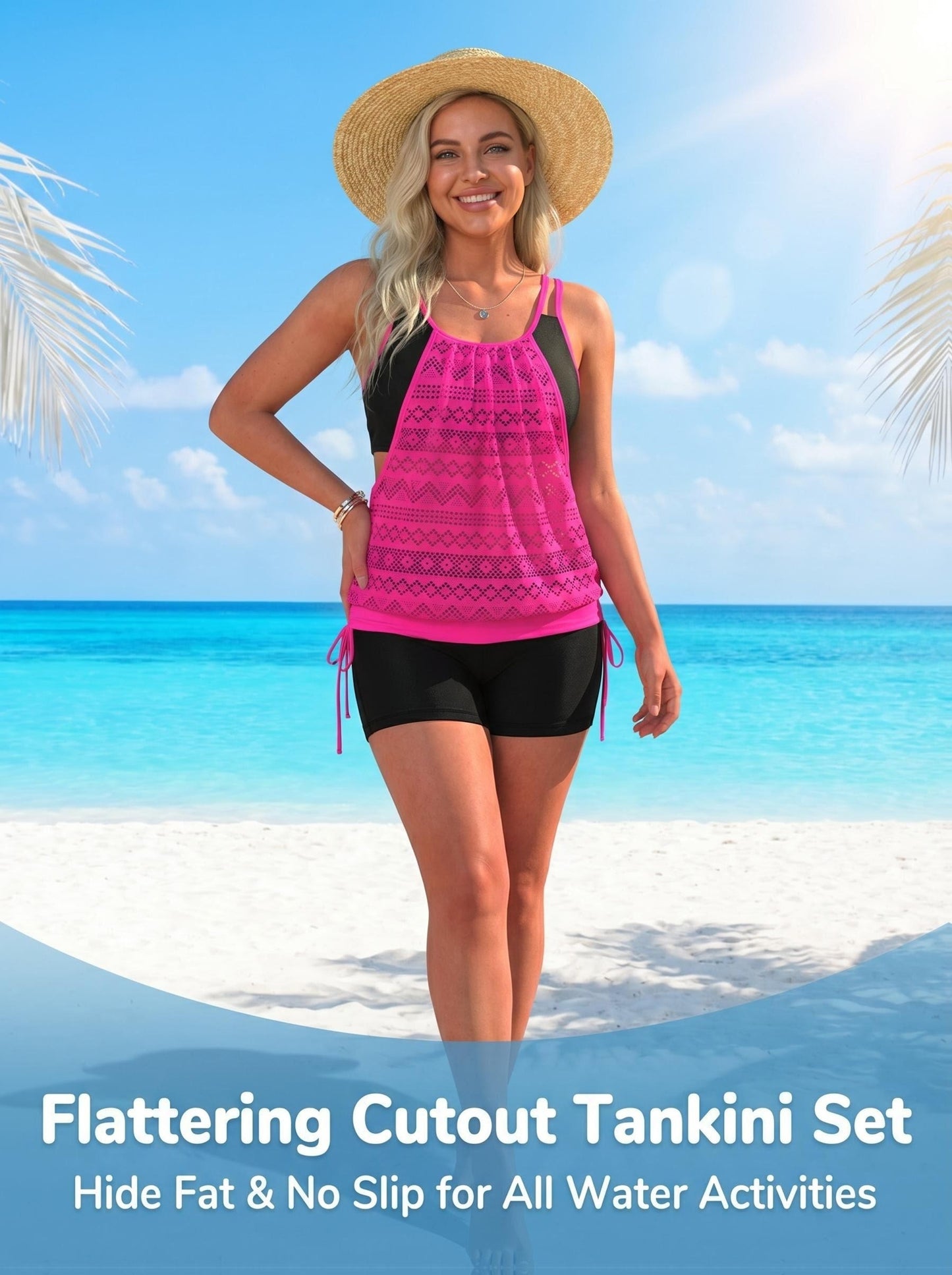 Women Tankini Swimsuit 2pcs Tummy Control Bathing Suit Blouson Tankini Top with Bottom