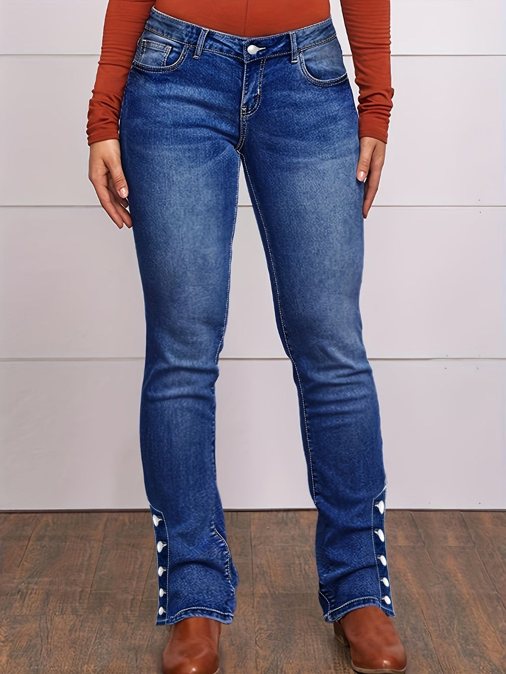 Women's High-Waist Flare Jeans - Blue Button Detail Stretch