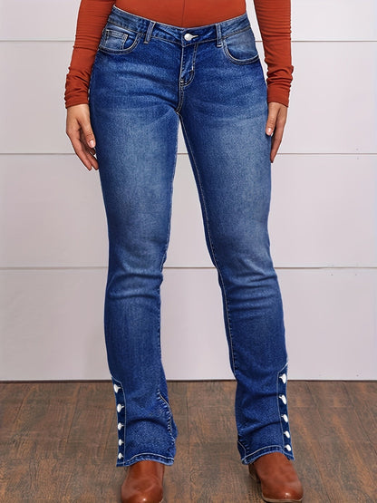 Women's High-Waist Flare Jeans - Blue Button Detail Stretch