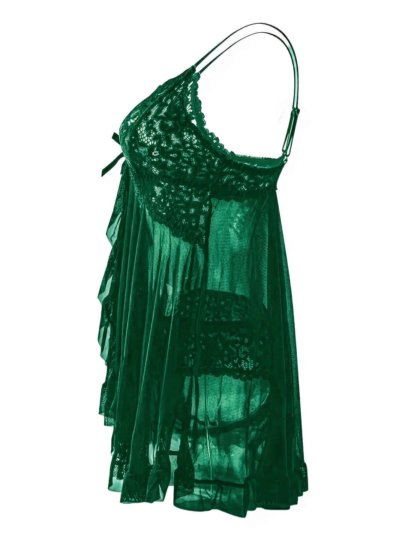 Big Size Sultry Valentine Lace Sleepwear Dress Set - Exquisite Lace, Flattering V-Neckline, Daring Backless Design, Delicate Ruffle Trim, Trendy Split Hem, Seductive Thong Detail, Ultra-Comfortable Fabric, Perfect For Romantic Night, Anniversary Gift