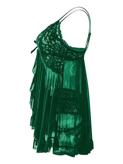 Big Size Sultry Valentine Lace Sleepwear Dress Set - Exquisite Lace, Flattering V-Neckline, Daring Backless Design, Delicate Ruffle Trim, Trendy Split Hem, Seductive Thong Detail, Ultra-Comfortable Fabric, Perfect For Romantic Night, Anniversary Gift
