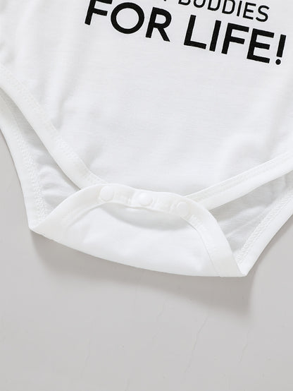 3pcs Cute Baby Boy Soft, Comfortable, Breathable Letter And Gesture Pattern Jumpsuit And Letter Slogan Front Tie Pants with Hat Suitable for Casual Daily Vacation Parties, Perfect for Outdoor