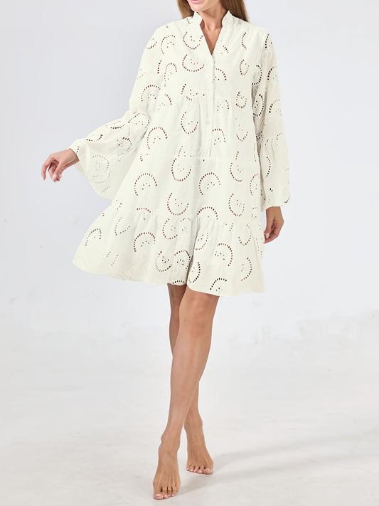 Elegant Mint Green V-Neck Shirt Dress with Bell Sleeves and Lace Cut-Out Detail - Chic Long Casual Dress for Women, Ideal for Home Gatherings and Parties, Casual Party Dress|Bell Sleeve Dress|Machine Washable Dress, Cute Dresses