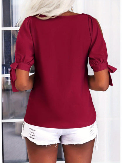 Women's Cold Shoulder Tops Short Sleeve V-Neck Casual Loose Cutout Summer Fashion Tshirts Blouse Shirts