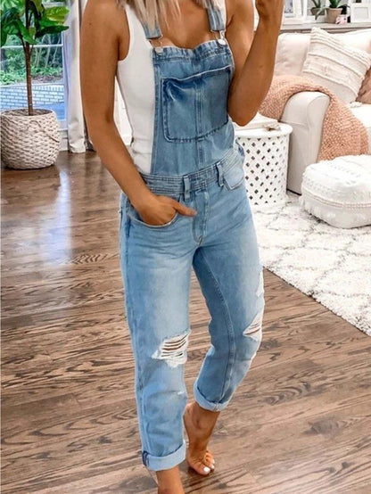 [Trendy Denim Overalls] New Sports Backpack Strap Ripped Denim Overalls for Women, Suitable for Weekend Trips Easy Commutes, Trendy Comfortable
