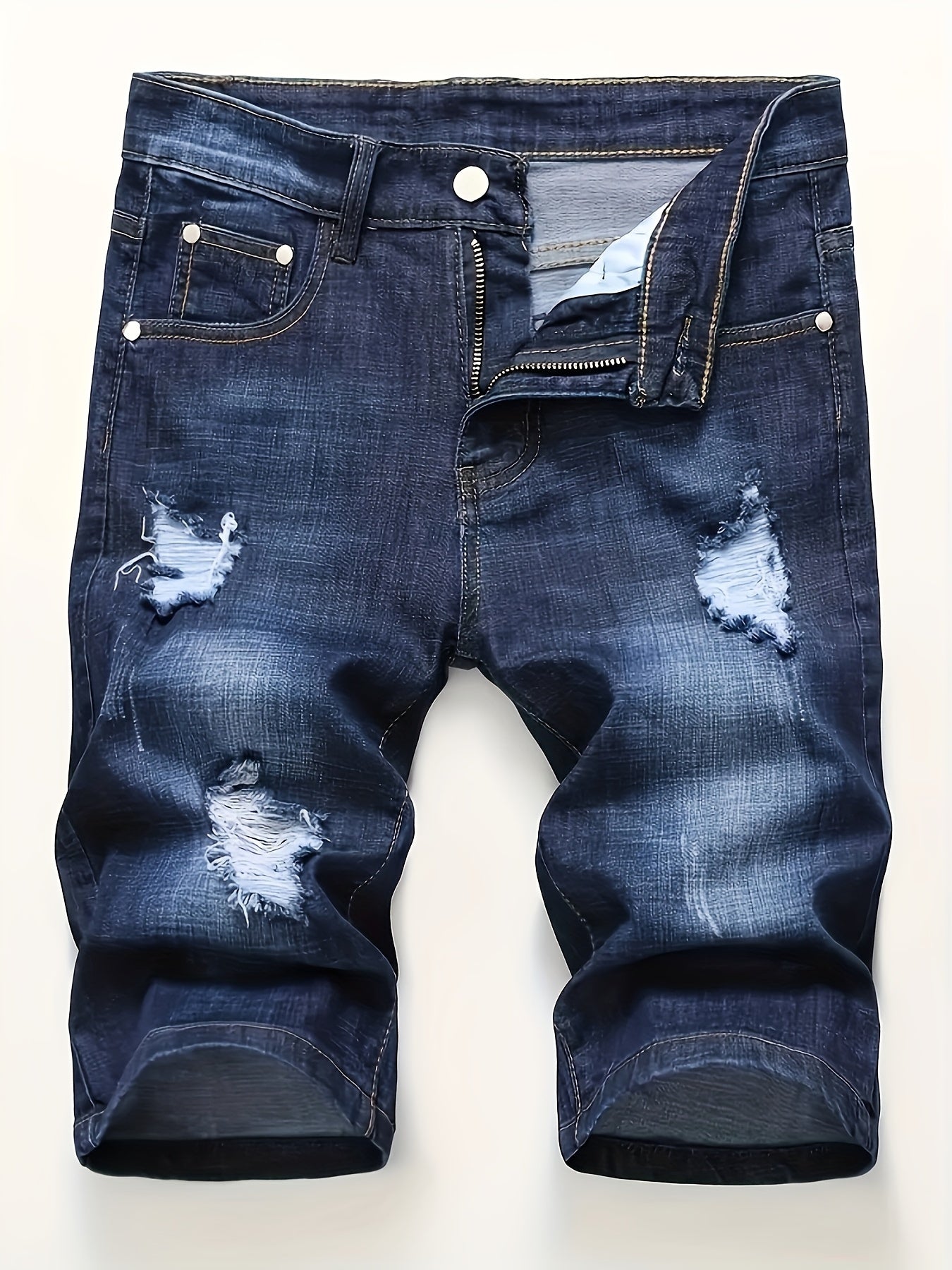 Men'S Shorts, Summer Ripped Stretch Straight-Leg Shorts, Men'S Mid-Length Pants, Slim-Fit European And American Style Shorts, Tight-Fitting And Frayed Men'S Pants