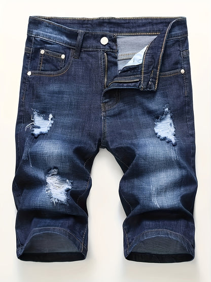 Men'S Shorts, Summer Ripped Stretch Straight-Leg Shorts, Men'S Mid-Length Pants, Slim-Fit European And American Style Shorts, Tight-Fitting And Frayed Men'S Pants