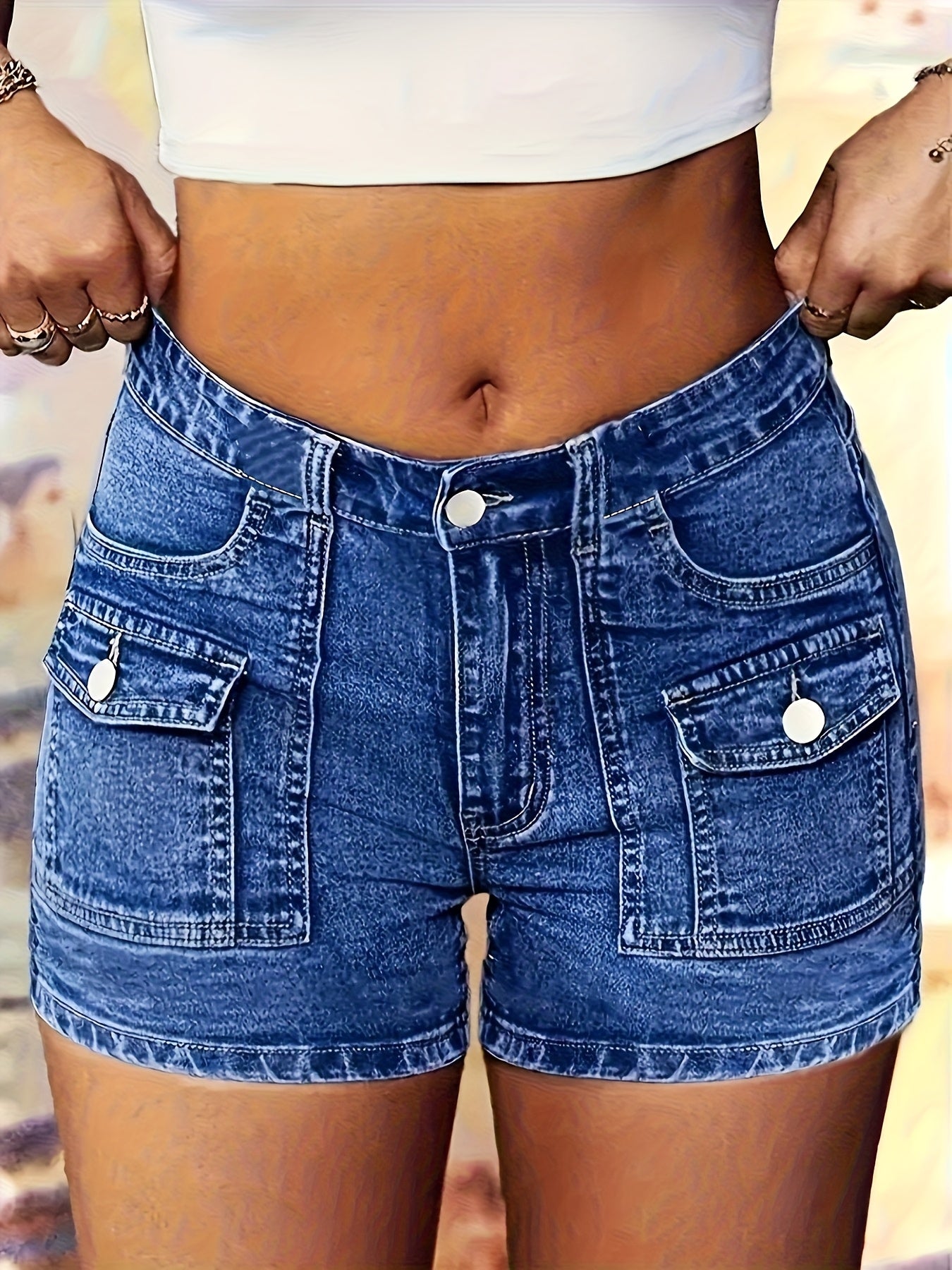 Women's Royal Blue Denim Cargo Denim Shorts - product view 2