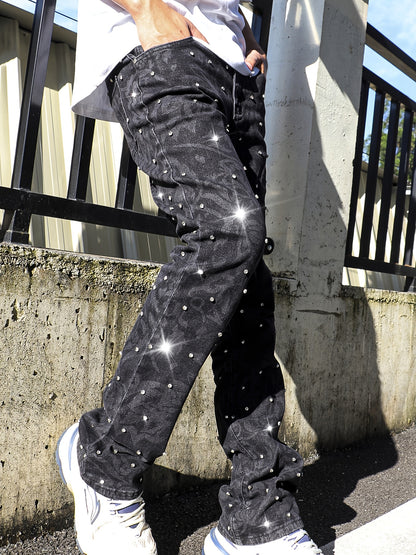 Y2K Men's Shiny Rhinestone Embellished Stretch Slim-Fit Jeans, Casual Street Style Hip-Hop Skateboarding Rap Pants, Machine Washable - All-Season Wear