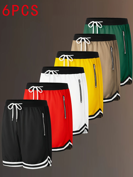 6pcs Men's Athletic Shorts - Summer Zippered Pockets with Drawstring, Casual Sportswear, Solid Colors, Stretch Fabric, Regular Fit, Casual Sportswear|Zippered Shorts|Polyester Short