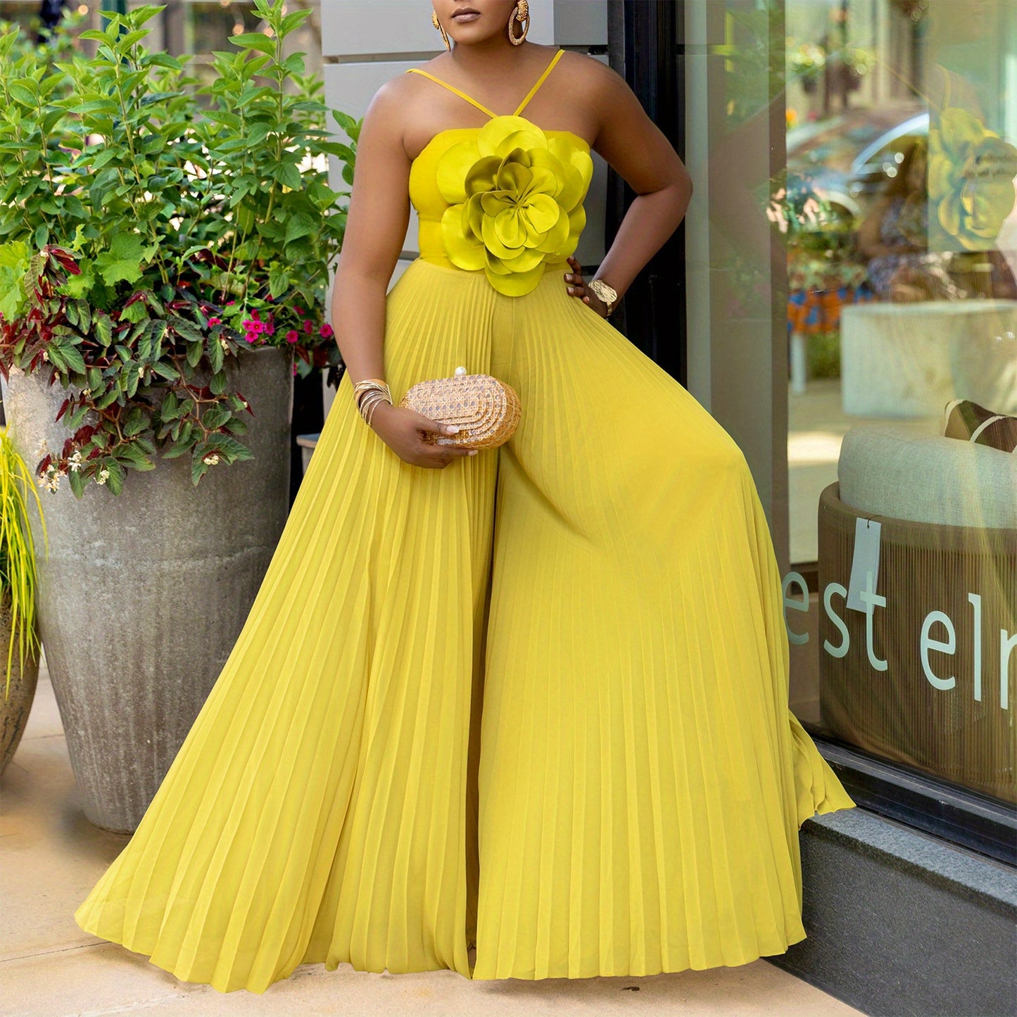 Plus Size - Plus Size - New Women'S European And American Summer Hanging Neck Three-Dimensional Flower Solid Color Wide Leg Plus Size Foreign Trade Jumpsuit