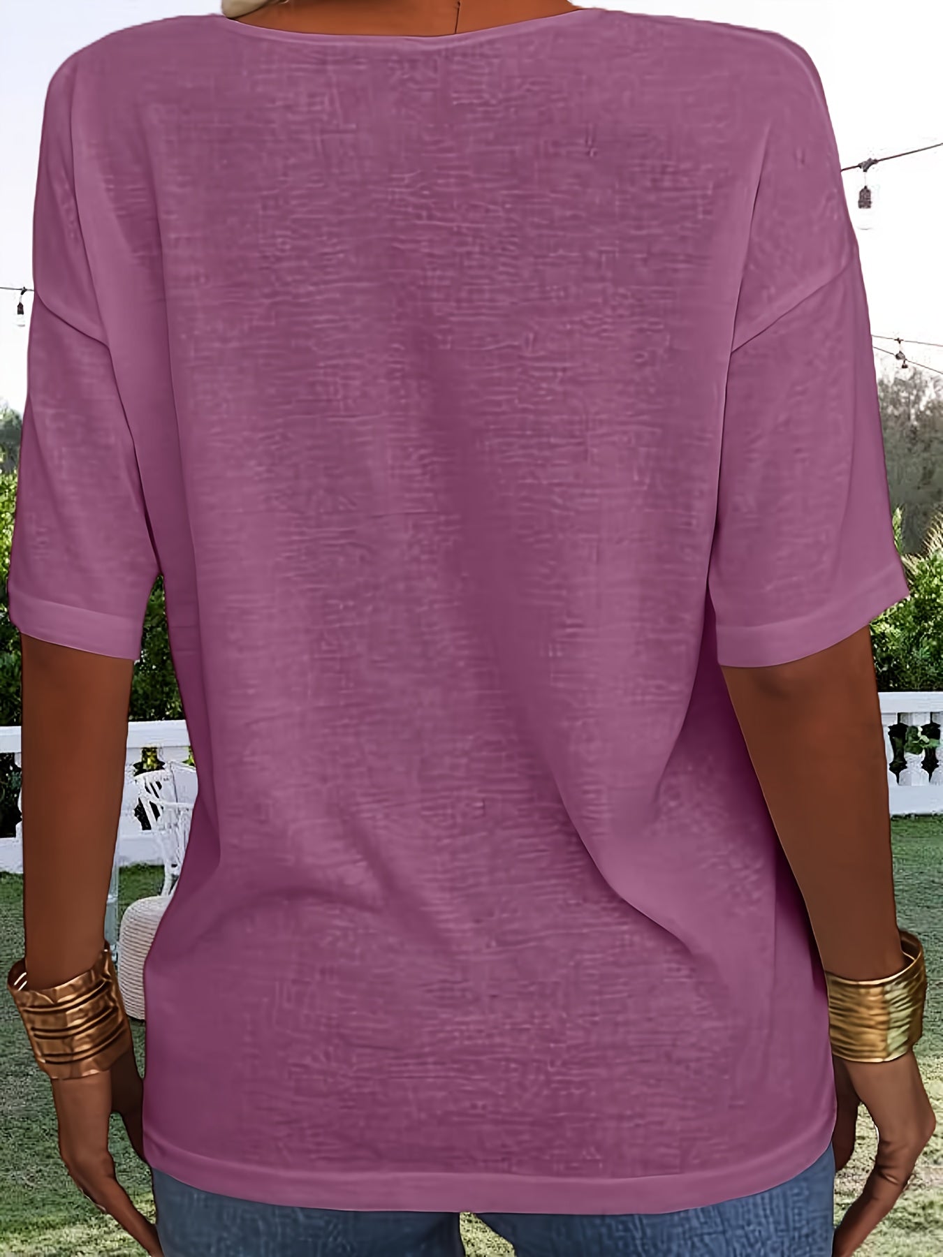 Women Fashion V-neck Half Sleeve T-shirt, Solid Color Casual Loose Basic Top