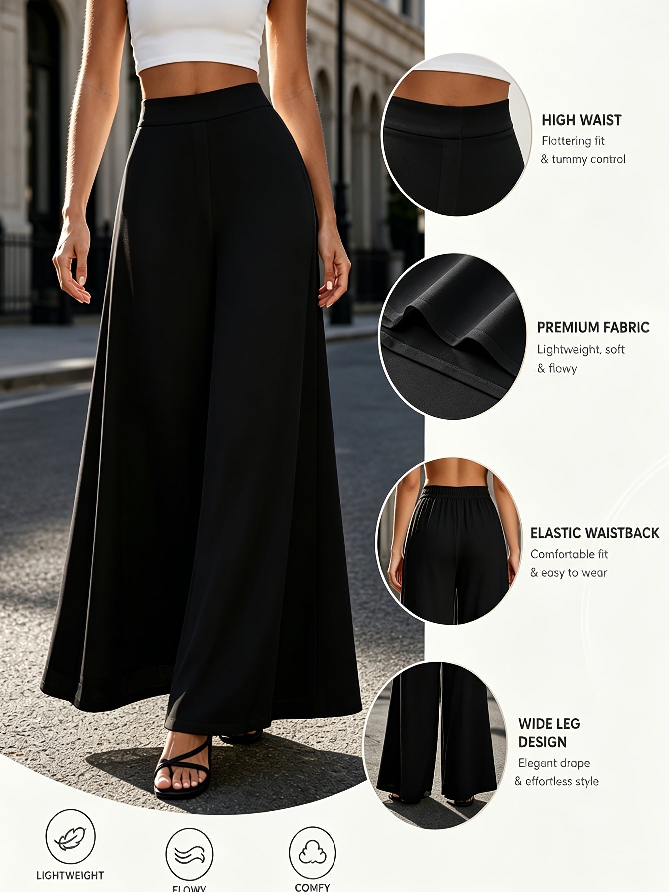Women'S High Waist Wide Leg Yoga Pants, Flowy Elastic Waist Palazzo Pants, Breathable Lightweight Straight Leg Pants, Summer Cool Draping Floor-Length Pants, Comfortable Loose Pants for Work Travel And Sports