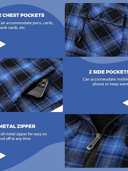 Men's Heavyweight Sweater Hooded Jacket - Full Zip Thick Snow Mountain Lined Flannel Plaid Shirt with Pockets, Casual Style, Perfect for Autumn and Winter, Hooded Collar, Regular Fit, Plaid Pattern, Men's Jacket