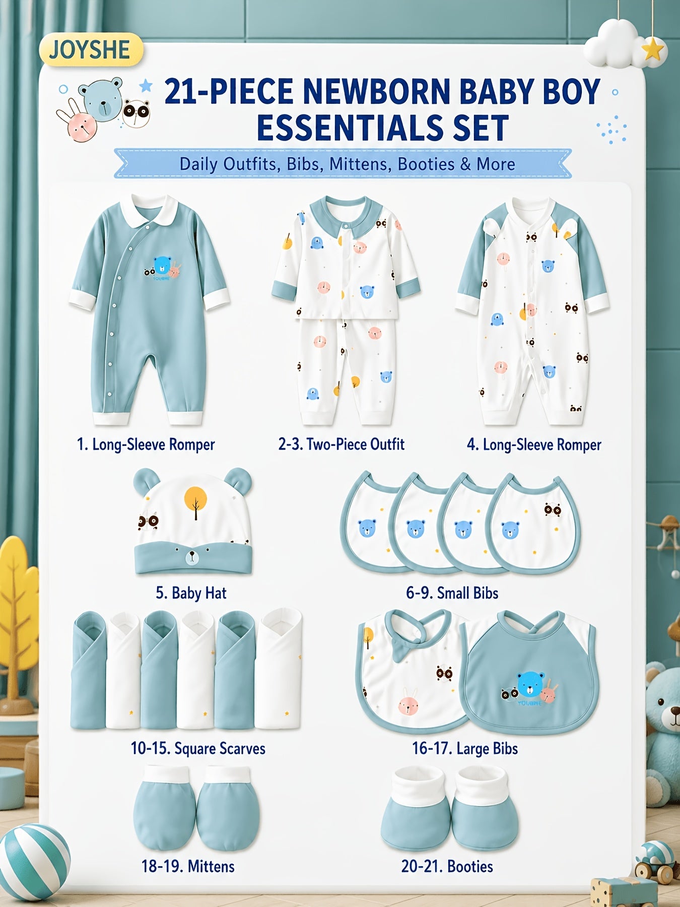 Baby Boy Clothes + Baby Items, Newborn Daily Necessities Complete Set, 0-3 Months, Total 21pcs, 3 Sets Of Clothes +Swaddle Blanket+ Hat + Hand And Foot Covers, Full Moon Summer Long Sleeve Set, Baby Romper, Local Warehouse, Baby Shower Gifts