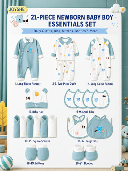 Baby Boy Clothes + Baby Items, Newborn Daily Necessities Complete Set, 0-3 Months, Total 21pcs, 3 Sets Of Clothes +Swaddle Blanket+ Hat + Hand And Foot Covers, Full Moon Summer Long Sleeve Set, Baby Romper, Local Warehouse, Baby Shower Gifts
