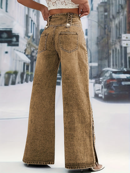 Women's Daily Casual Fashion Button Waistband Loose Jeans, with Open Button Cuff Design, Suitable for Home, Outdoor Street Shopping, Holiday Travel, Airport, And Versatile for All Seasons, Machine Washable.