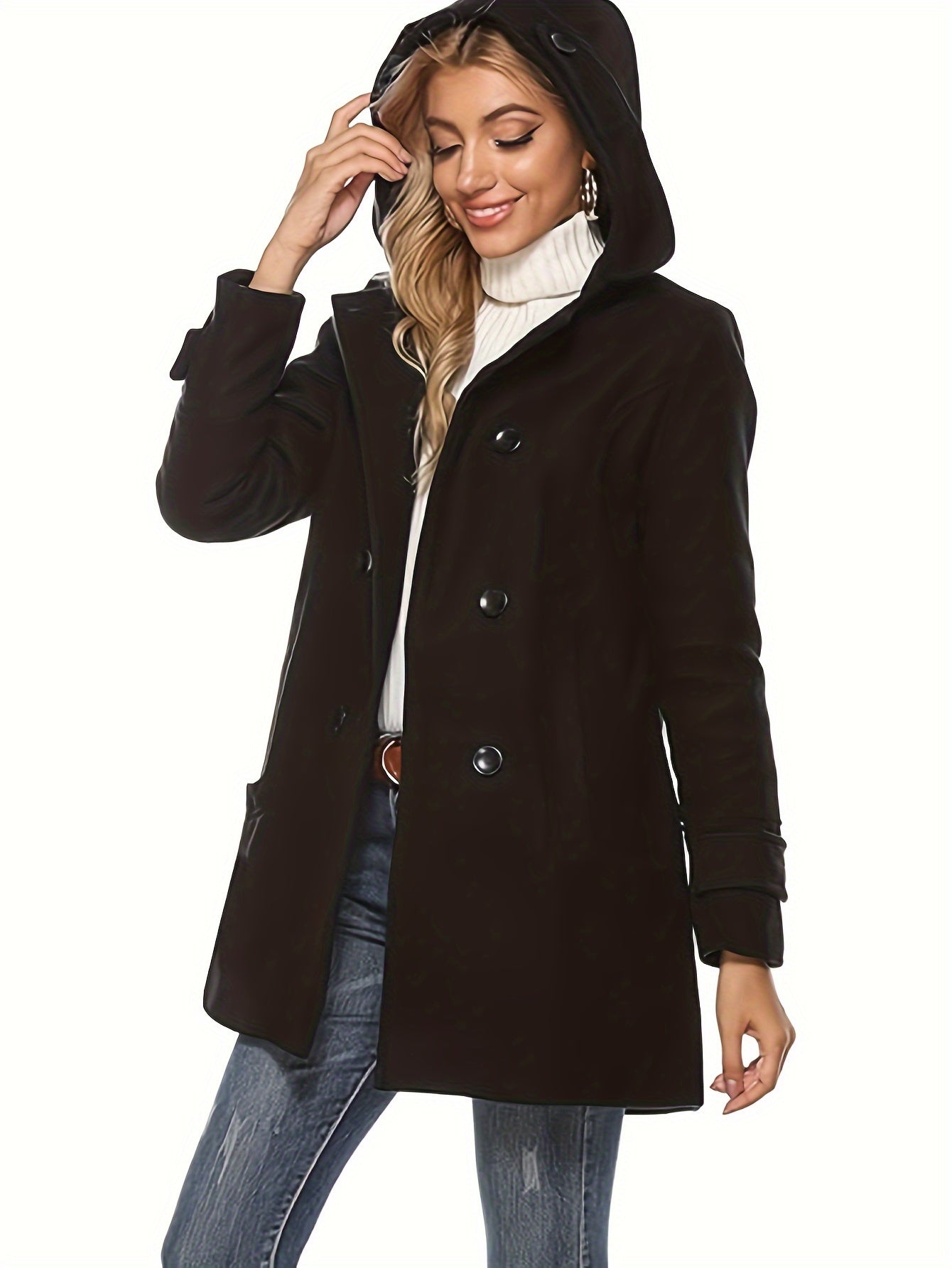 Women'S Cozy Double-Breasted Wool Peacoat Trench Jacket with Hood