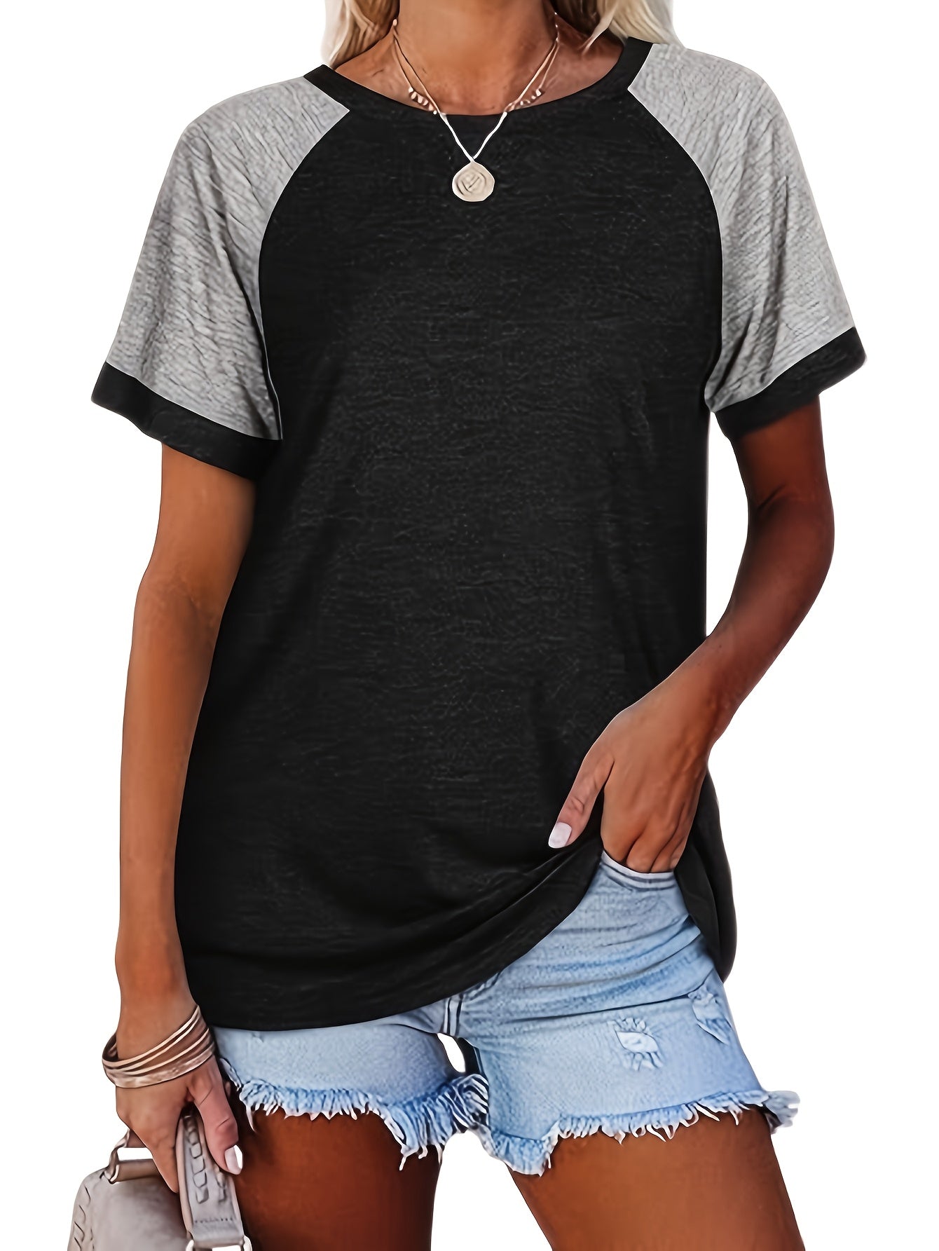 Three-piece Set 2025 European And American Fashion Women'S Short Sleeved T-shirt Casual Color Matching Top Short-sleeved T-shirt
