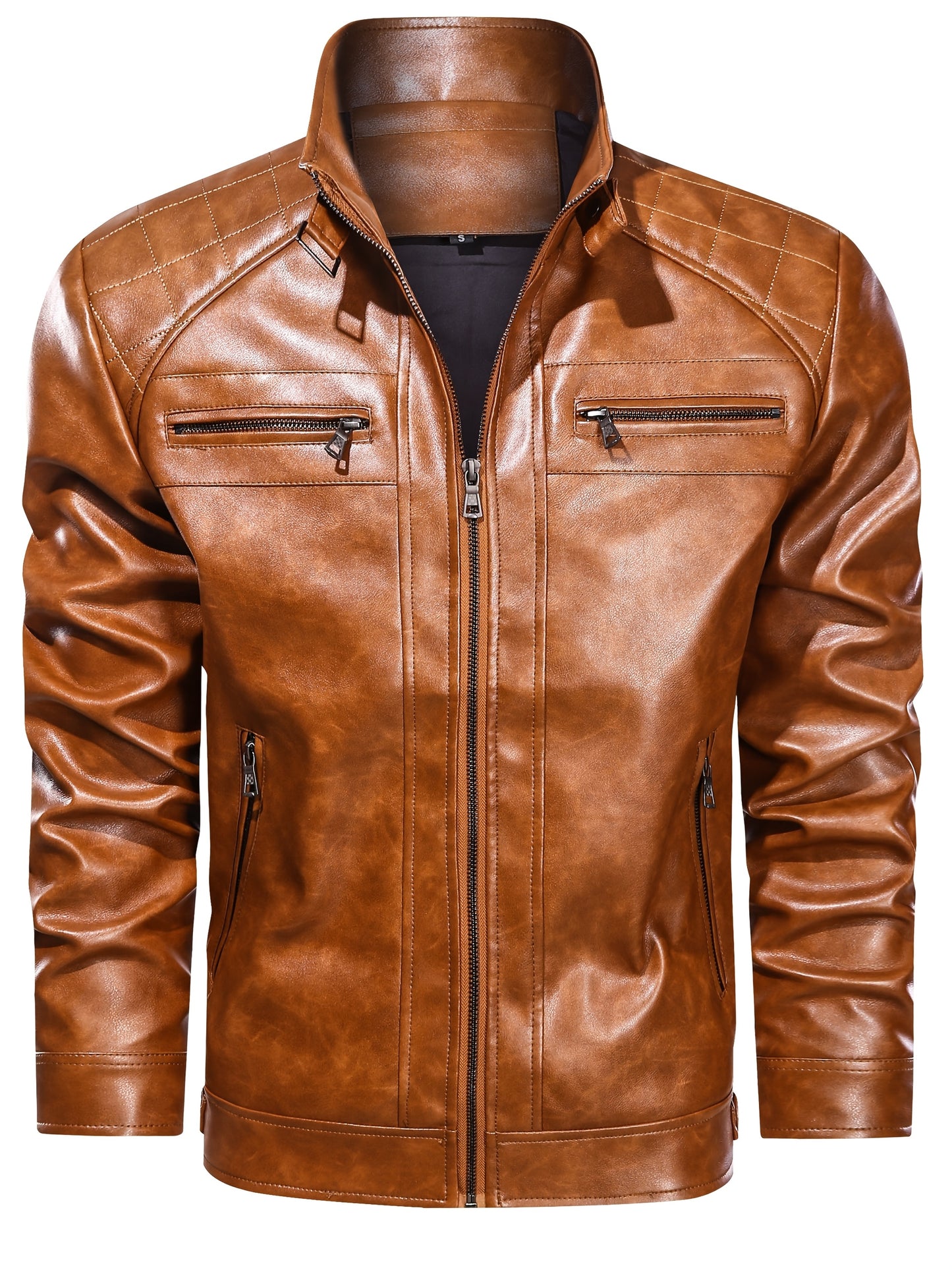 Men's Stand Collar PU Leather Jacket Lightweight Faux PU Leather Motorcycle Casual Jacket