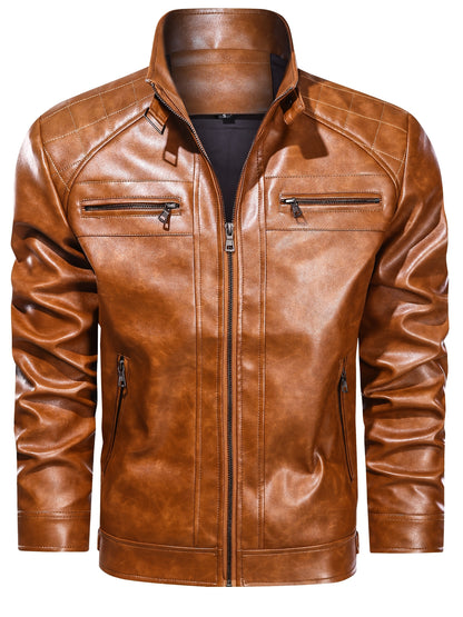 Men's Stand Collar PU Leather Jacket Lightweight Faux PU Leather Motorcycle Casual Jacket