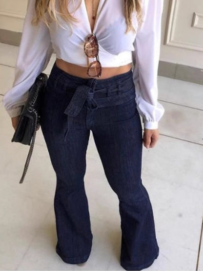High-Waisted Slightly Stretchy Belt-Accented Flared Pants, Wide-Leg Women'S Jeans, Retro Flared Jeans, Loose-Fitting Women'S Jeans, Featuring 70S Style Ripped Design And Elastic Waistband, Suitable for Casual Or Cocktail Party Occasions