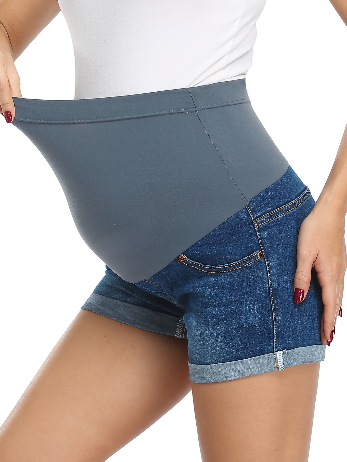 Women's Maternity Jean Shorts Over Belly Ripped Roll Up Hem Stretchy Denim Shorts Clothes For Summer Pregnancy