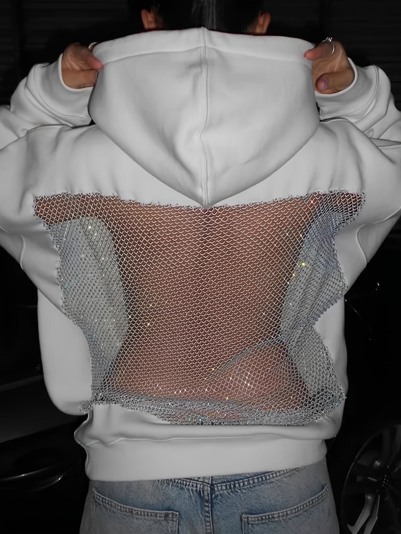 Women'S Mesh Cutout Backless Hoodie Sweatshirt Fall Winter Fashion Casual Style Commute Daily Versatile Top