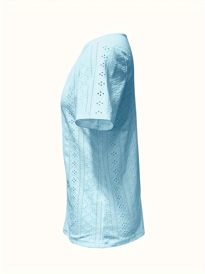 Elegance Light Blue V-Neck Short Sleeve T-Shirt with Decorative Buttons - Breathable, High Elasticity, Semi-Transparent Jacquard Top for Women, Suitable for Spring And Summer, Ladies' T-Shirt