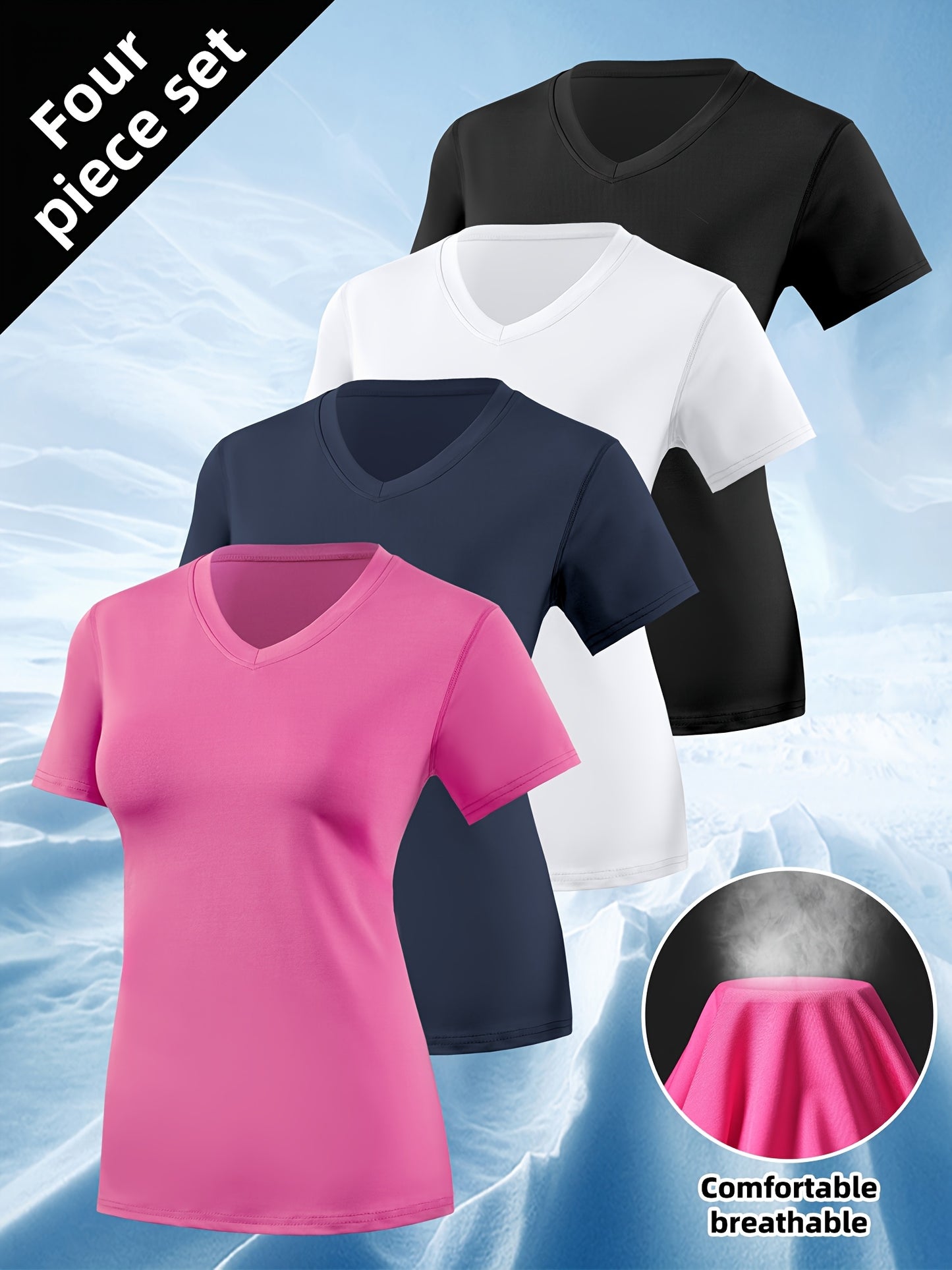 4pcs Women's Barely There Sports T-Shirts V-Neck, Pullover Short Sleeve Tops, Stretchy, Quick-Dry, Breathable, Soft for Workout, Fitness, Running, Yoga, Pilates