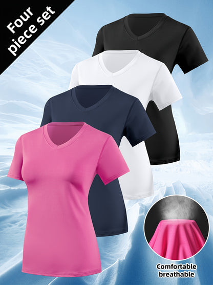 4pcs Women's Barely There Sports T-Shirts V-Neck, Pullover Short Sleeve Tops, Stretchy, Quick-Dry, Breathable, Soft for Workout, Fitness, Running, Yoga, Pilates