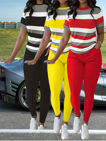 Women's Red Polyester Striped Short-Sleeve Pants - product view 2