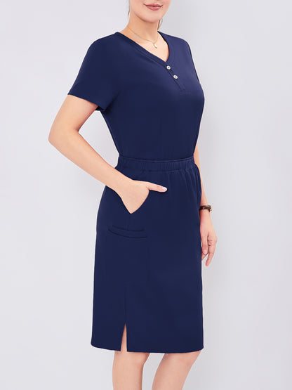 Women's V-Neck Button-Up Scrub Set, Fashionable Short Sleeve Beauty Salon Medical Hand Wash Uniform, Polyester Blend, Casual Style, Regular Fit, Solid Color, Straight Sleeve, Knee-Length Skirt with Pockets, Pullover Top