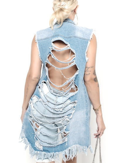 Sleeveless Ripped Back Raw Hem Long Vest Jackets, Butt Cover Button Closure Long Denim Coats, Women's Denim Jackets & Coats, Women's Clothing