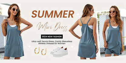 Women'S Summer Sleeveless Mini Dress, Style with Thin Straps, Short Dress Featuring Pockets