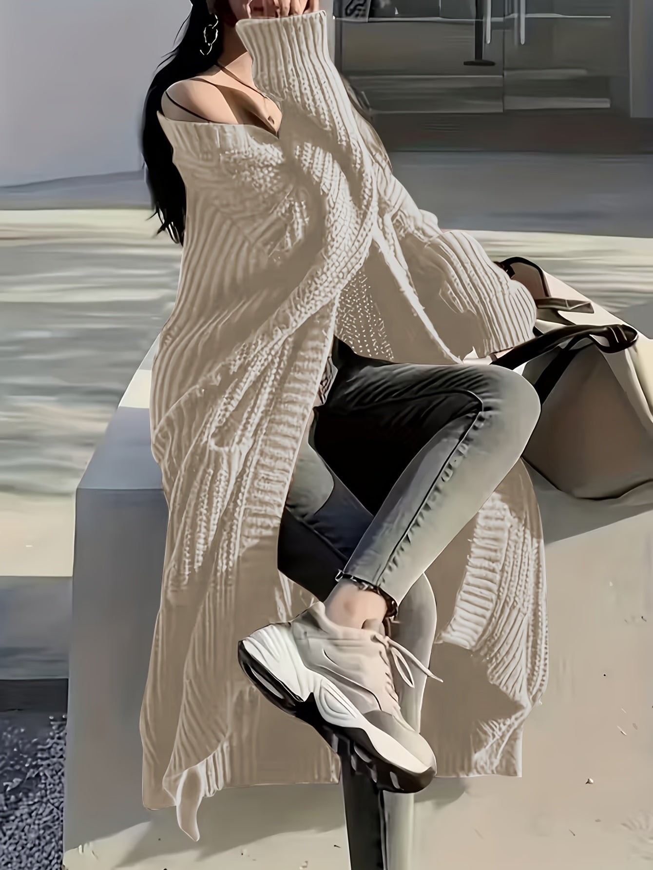Plus Size, Solid Color Plus-Size Women's Long Pocket Cardigan Loose Over-the-Knee Sweater Coat Fashion Versatile Outerwear