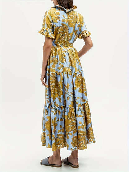 Maxi Dress with a Blue And Yellow Floral Pattern, Featuring Short Sleeves, a Tie Layer, Made from Imitation Tencel Fabric, Adorned with Chest Ruffles, a V-Neck, a Belt, Two Side Pockets, a Tiered Skirt, And a Straight Hem