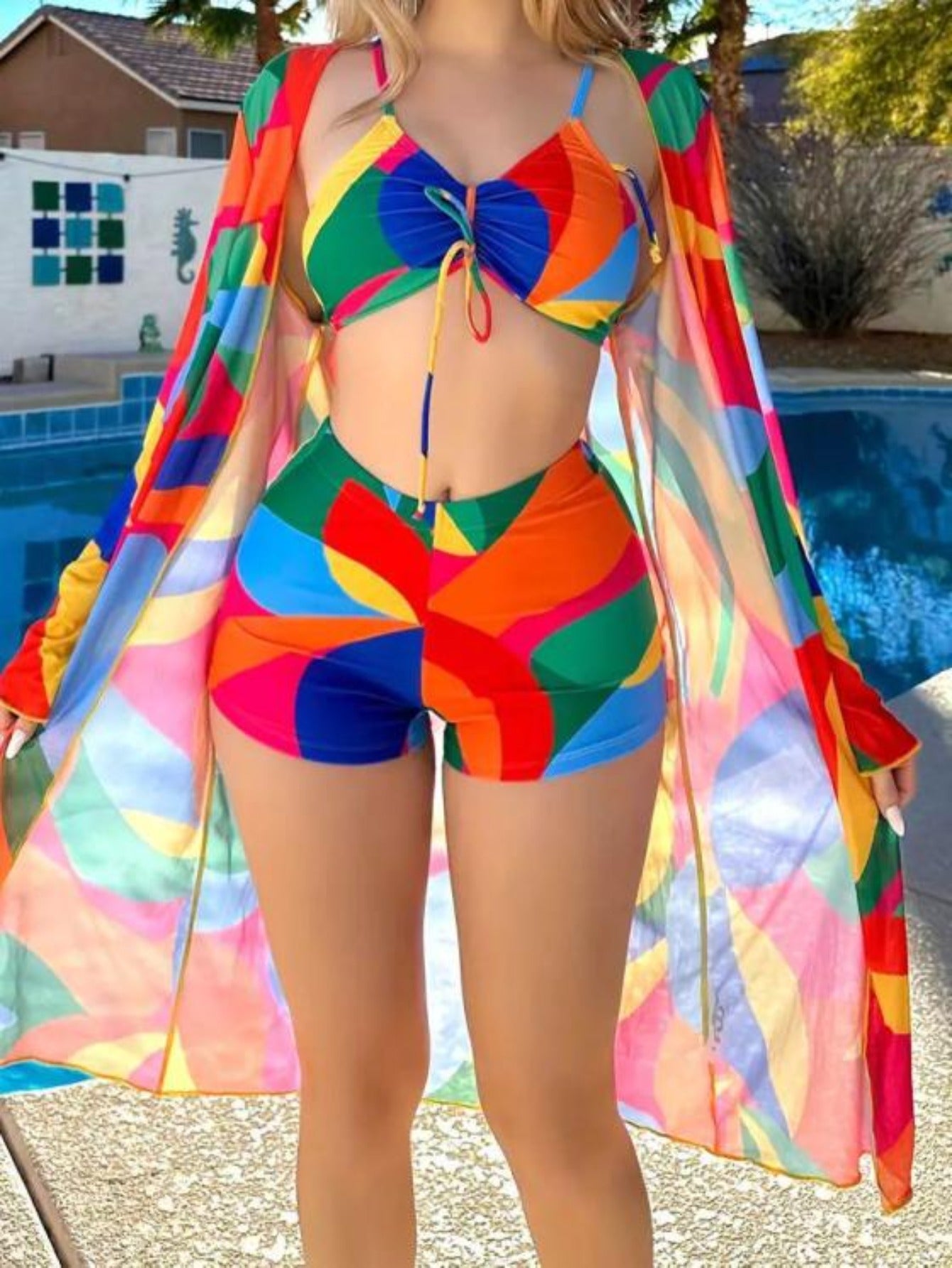 Women'S Red Geometric Color-Blocking Two-Piece Bikini Swimsuit Set, Bikini Top with Front Tie + High-Waisted Shorts + Long-Sleeved Sun-Protective Cover-Up, Beach And Seaside Swimming Fashion Sun-Protective Swimsuit Set