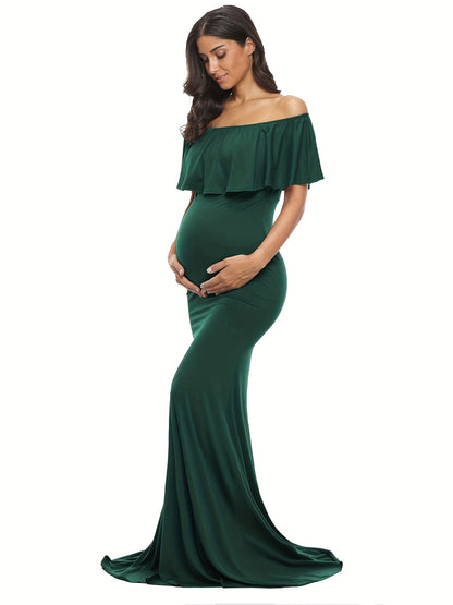 Womens Off Shoulder Maternity Dress Ruffles Elegant Slim Gowns Fit Maxi Photography Dress