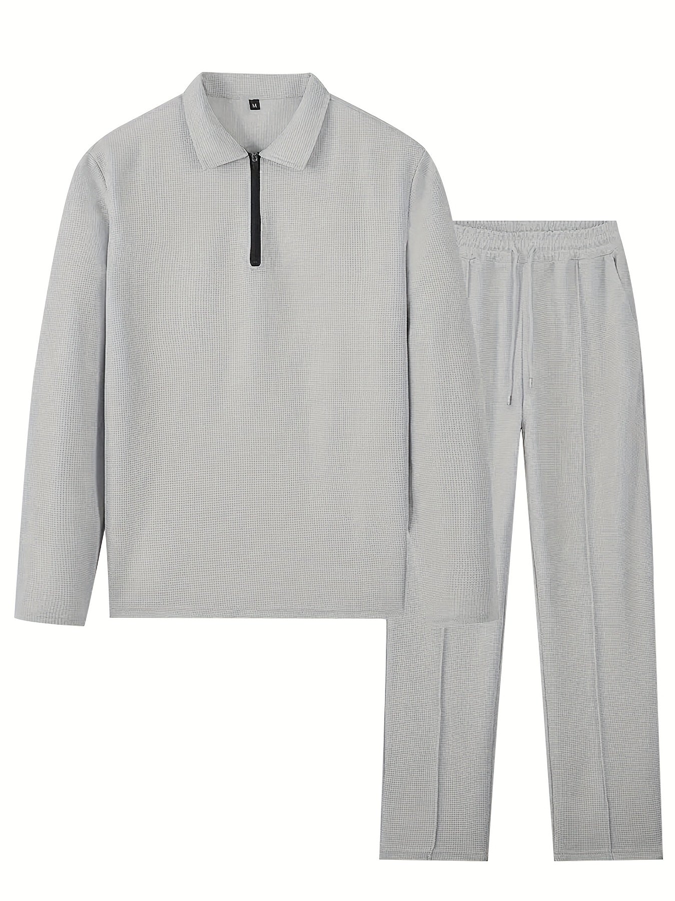 Mens 2pcs Outfits, New Spring Fall Waffle Knit Long Sleeve Top & Pants Set, Comfortable Breathable Casual Sports Tracksuit for Daily Workout