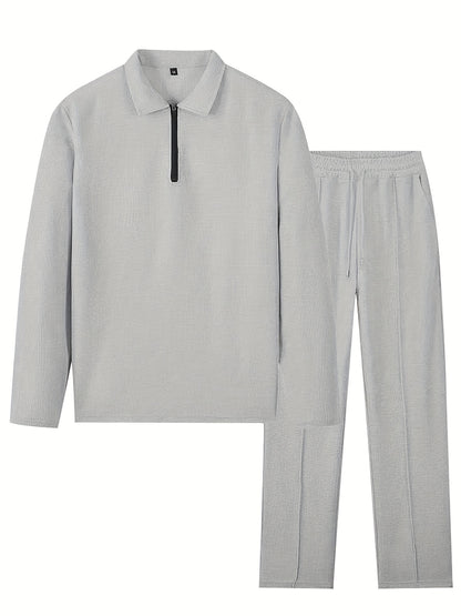 Mens 2pcs Outfits, New Spring Fall Waffle Knit Long Sleeve Top & Pants Set, Comfortable Breathable Casual Sports Tracksuit for Daily Workout
